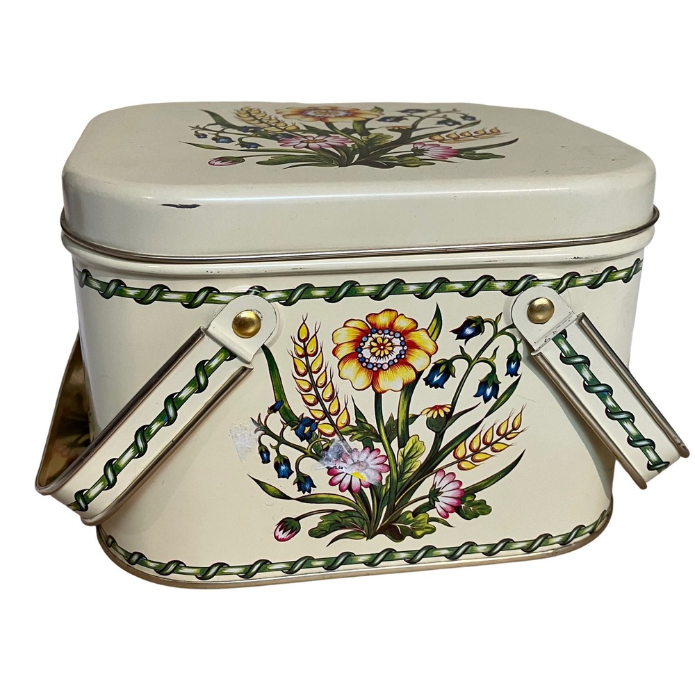 Vintage Floral Tin Lunch Box Women OS Cream Excellent Picnic Basket Storage